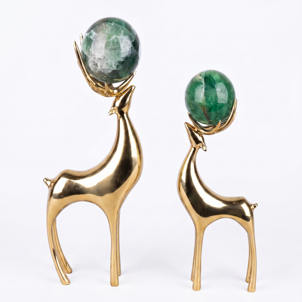 Gold Deer Sculptures with Green Stone Spheres (Set of 2)