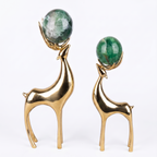 Gold Deer Sculptures with Green Stone Spheres (Set of 2)