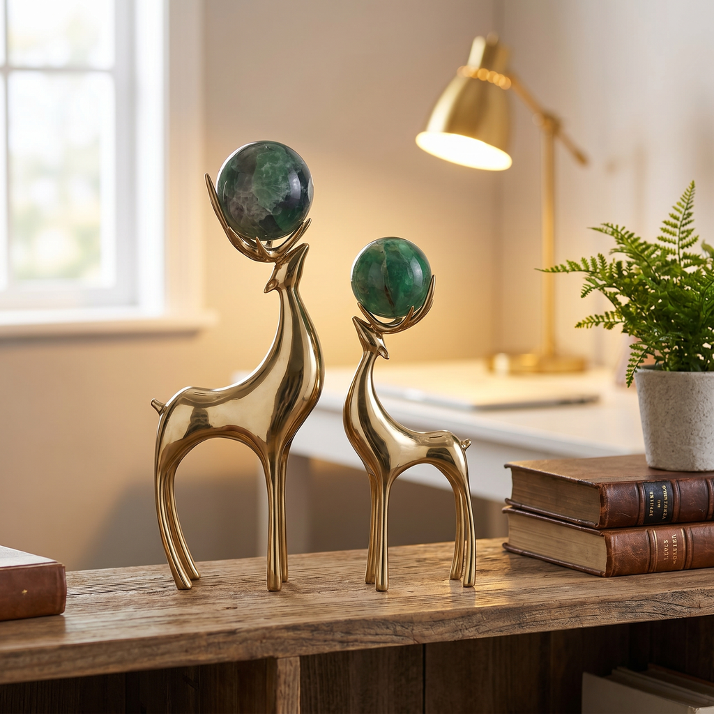 Gold Deer Sculptures with Green Stone Spheres (Set of 2)