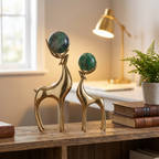 Gold Deer Sculptures with Green Stone Spheres (Set of 2)