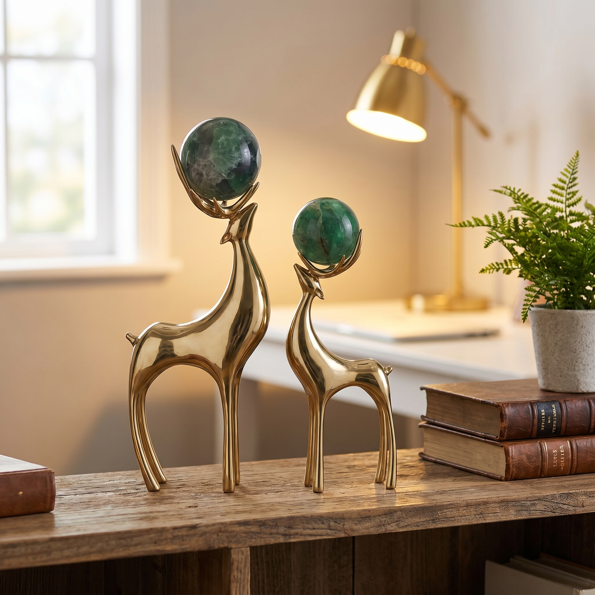 Gold Deer Sculptures with Green Stone Spheres (Set of 2)