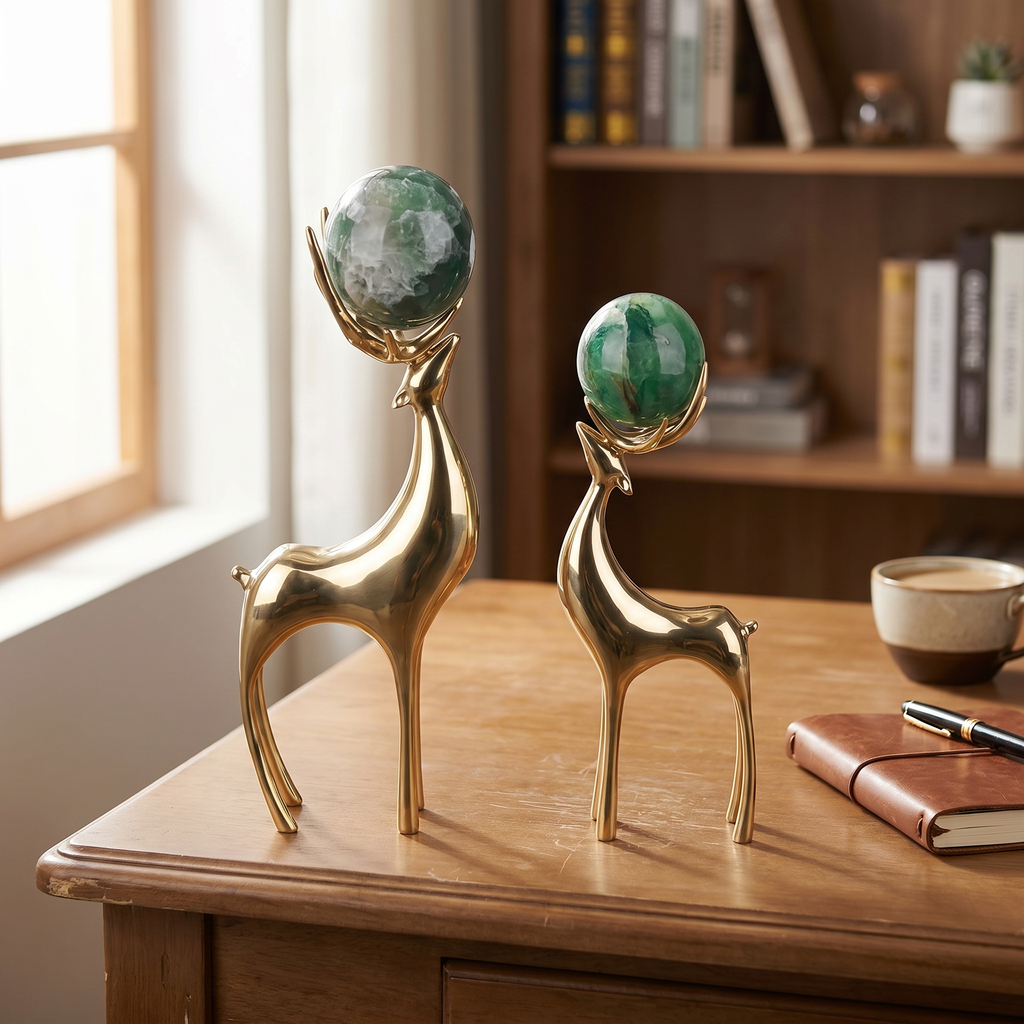 Gold Deer Sculptures with Green Stone Spheres (Set of 2)