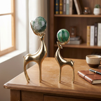 Gold Deer Sculptures with Green Stone Spheres (Set of 2)