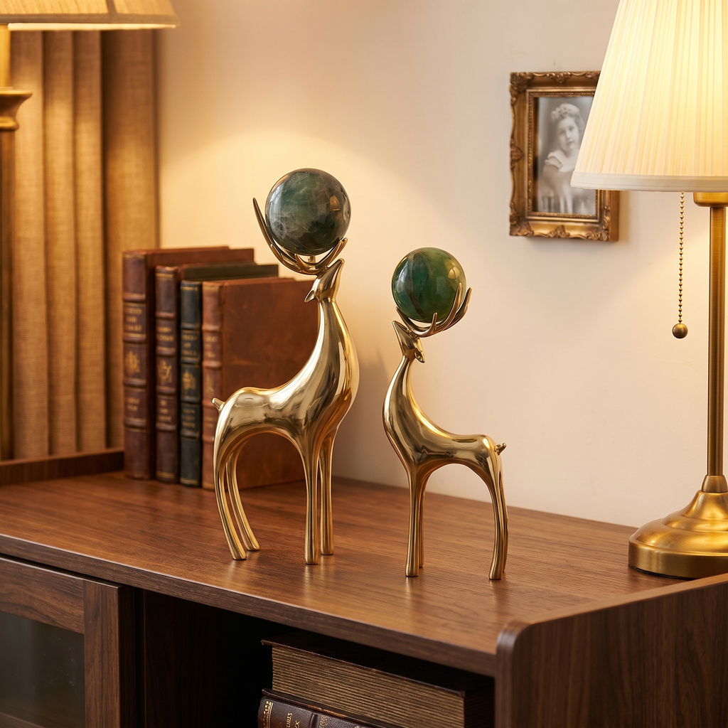 Gold Deer Sculptures with Green Stone Spheres (Set of 2)