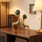 Gold Deer Sculptures with Green Stone Spheres (Set of 2)