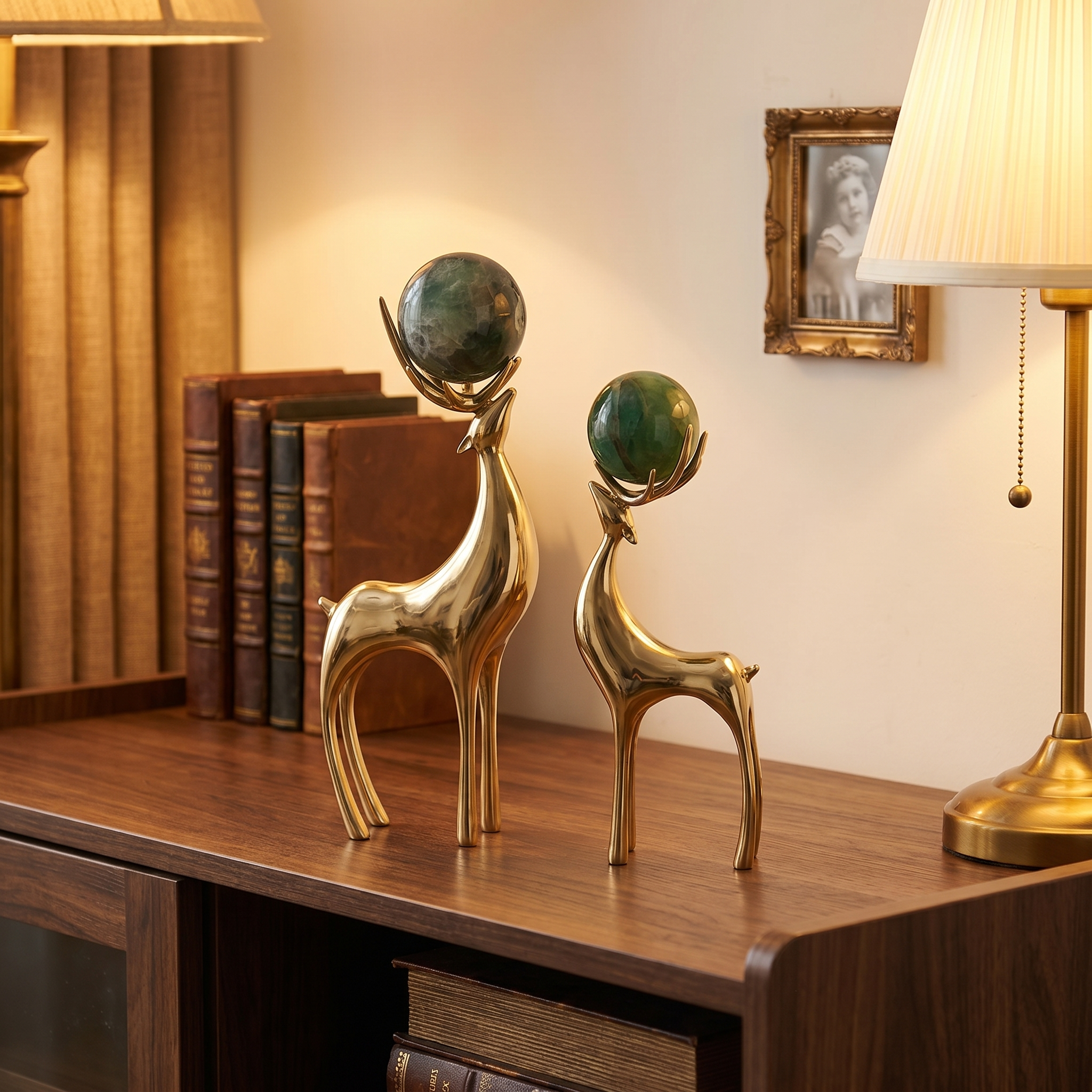 Gold Deer Sculptures with Green Stone Spheres (Set of 2)