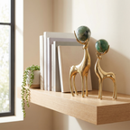 Gold Deer Sculptures with Green Stone Spheres (Set of 2)