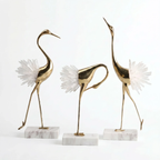 Gold Crane Sculptures with Crystal Wings & Marble Bases (Set of 3)