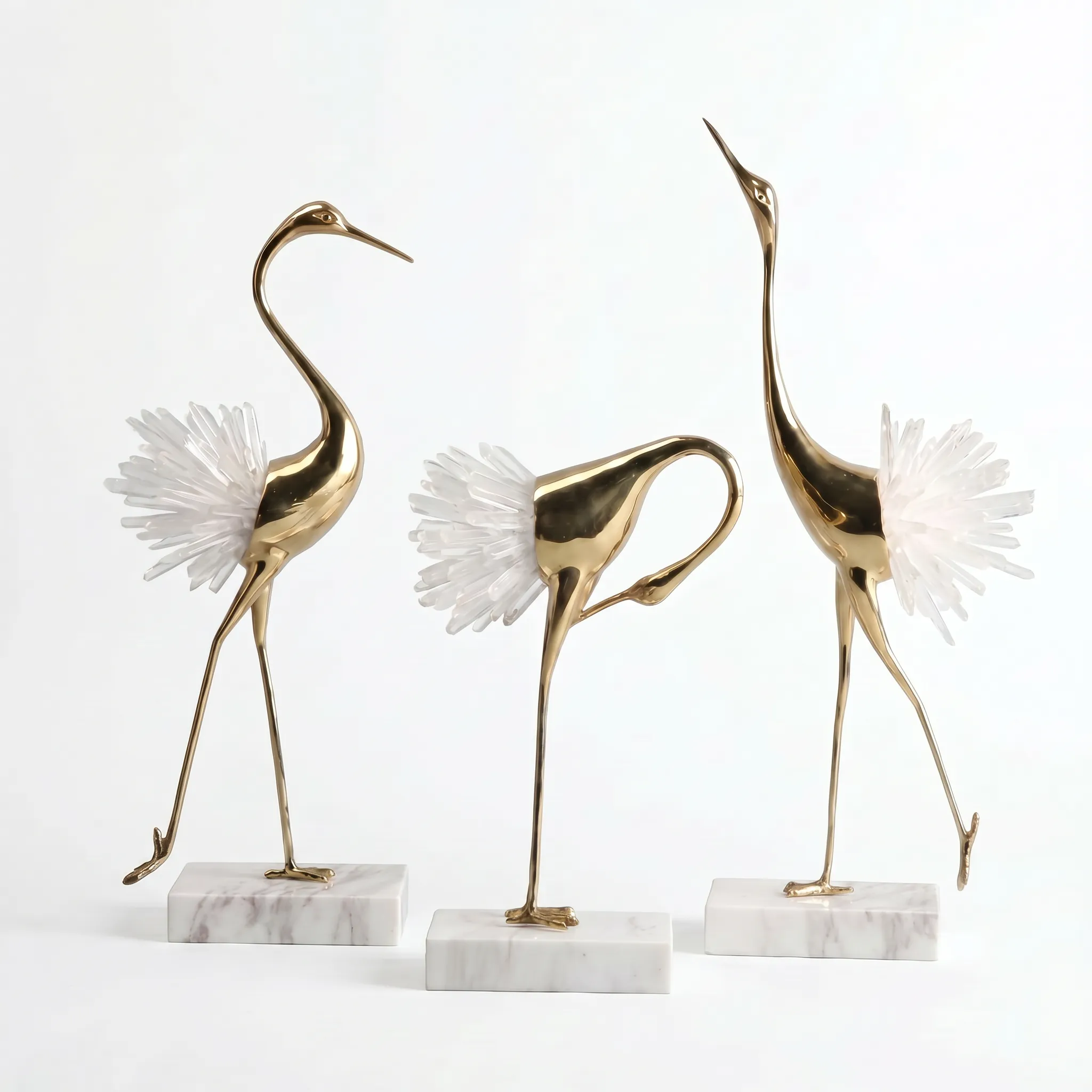 Gold Crane Sculptures with Crystal Wings & Marble Bases (Set of 3)