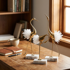 Gold Crane Sculptures with Crystal Wings & Marble Bases (Set of 3)
