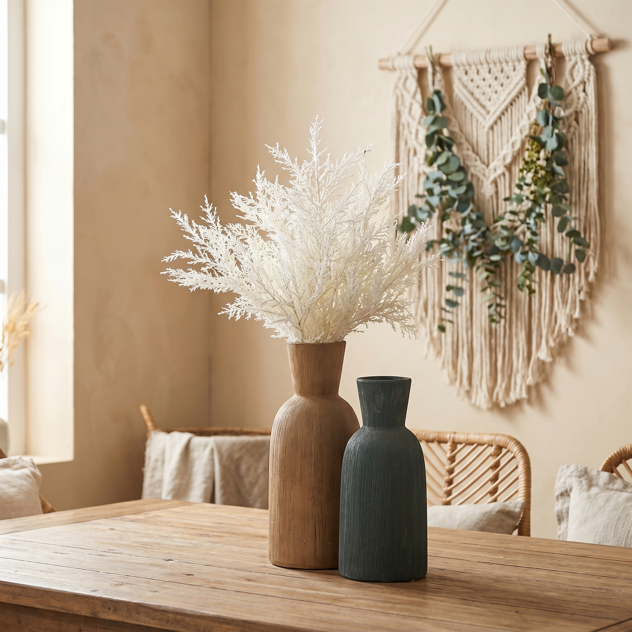 Matte Ceramic Bottle Vase Set in Green & Tan