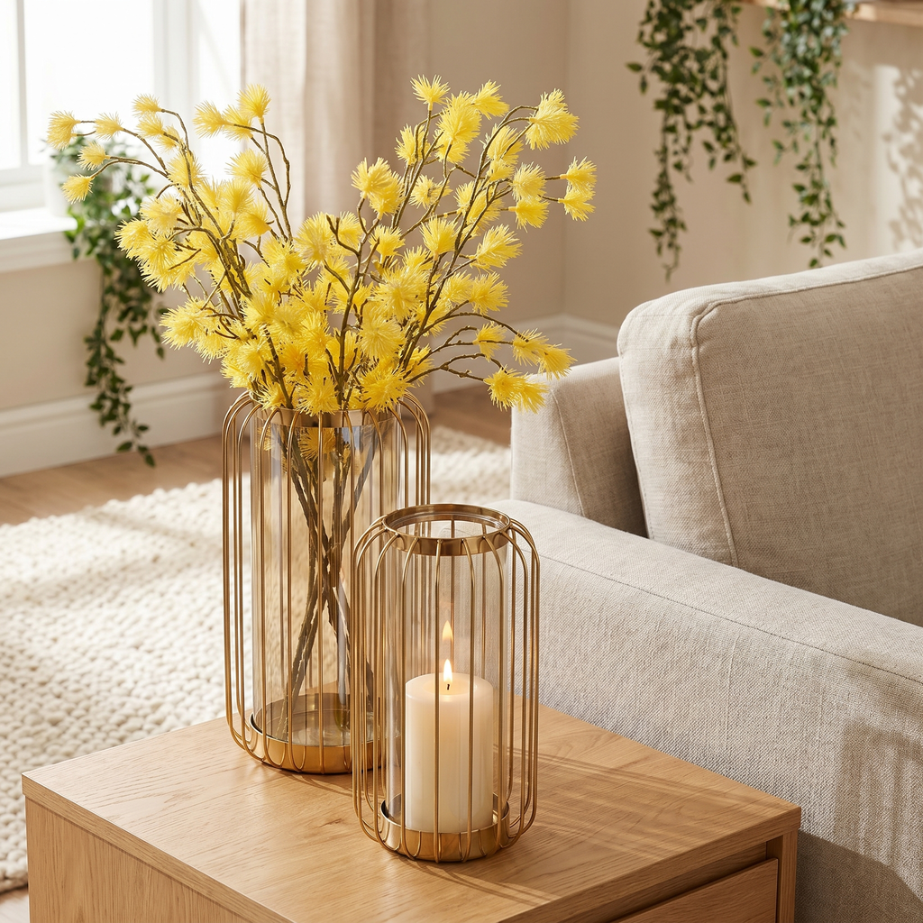Gold Tone Wire Frame Glass Vase & Candle Holder Set (Set of 2)