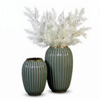 Teal Green Ribbed Ceramic Vase Set with Gold Rim (Set of 2)
