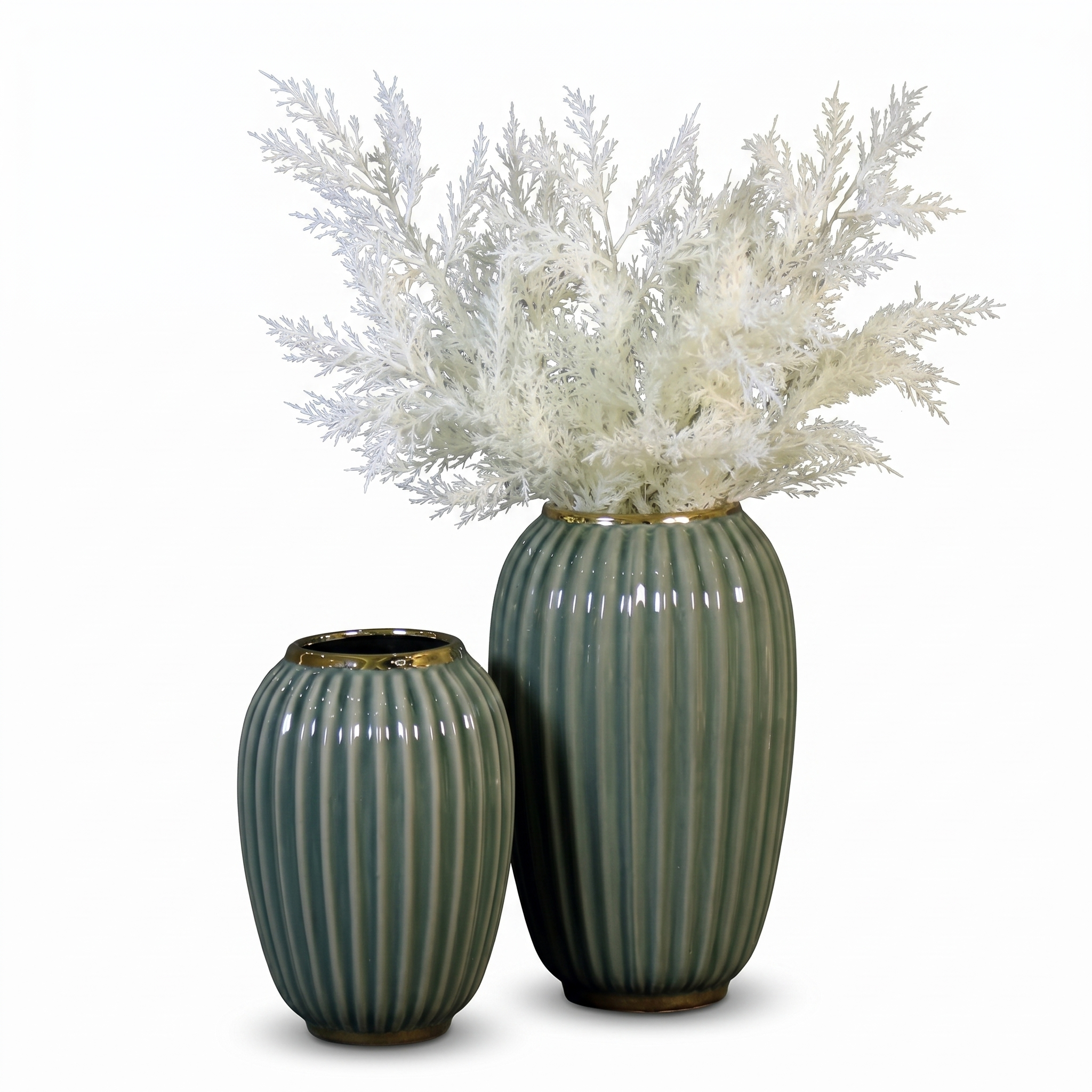 Teal Green Ribbed Ceramic Vase Set with Gold Rim (Set of 2)