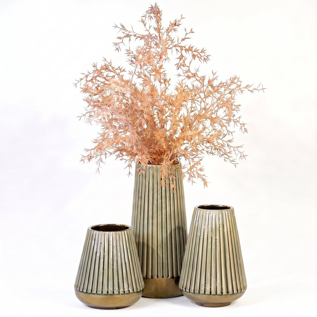 Sage Green Ribbed Ceramic Vase Set with Glossy Glaze (Set of 3)