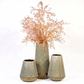 Sage Green Ribbed Ceramic Vase Set with Glossy Glaze (Set of 3)