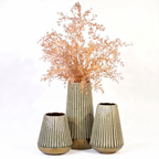 Sage Green Ribbed Ceramic Vase Set with Glossy Glaze (Set of 3)