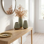 Sage Green Ribbed Ceramic Vase Set with Glossy Glaze (Set of 3)