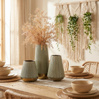 Sage Green Ribbed Ceramic Vase Set with Glossy Glaze (Set of 3)