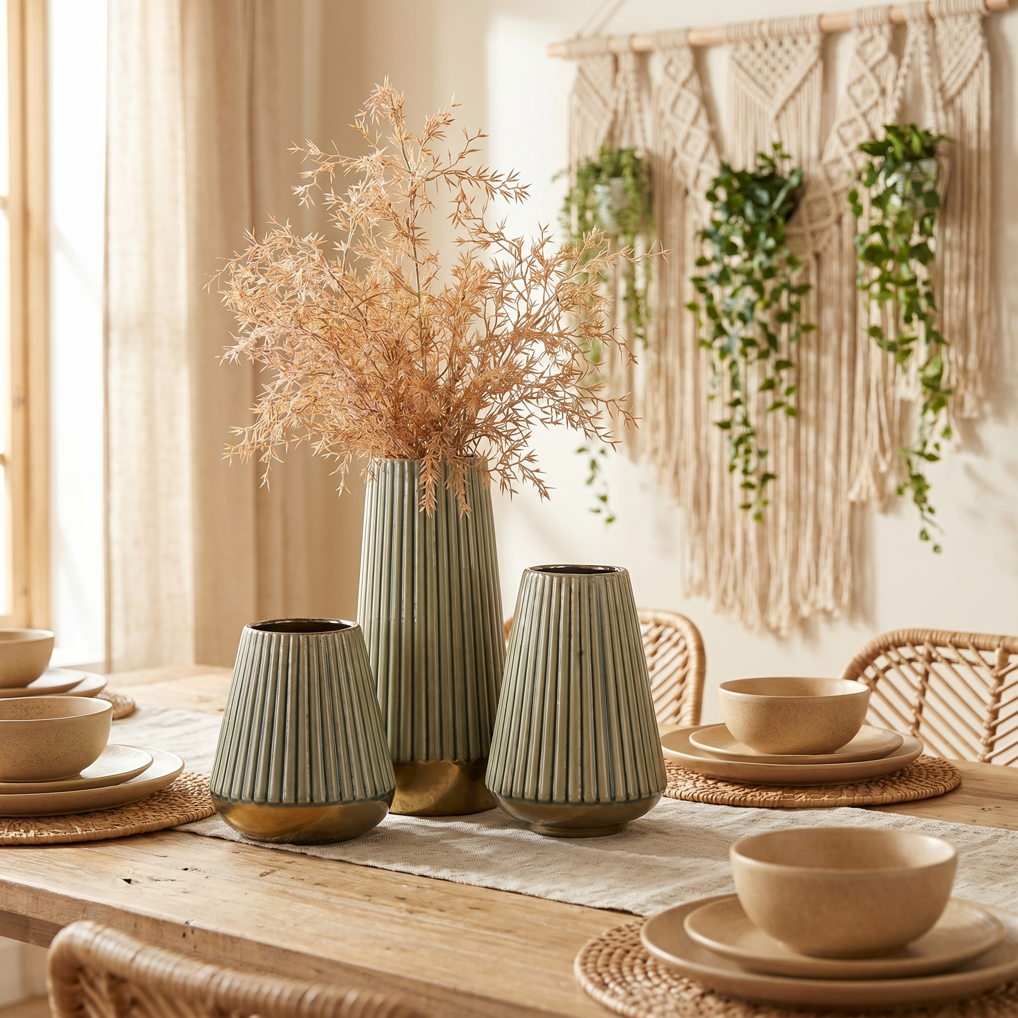 Sage Green Ribbed Ceramic Vase Set with Glossy Glaze (Set of 3)