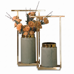Sage Green Ribbed Ceramic Vase Set with Gold Rim & Metal Stands (Set of 2)