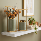 Sage Green Ribbed Ceramic Vase Set with Gold Rim & Metal Stands (Set of 2)