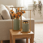 Sage Green Ribbed Ceramic Vase Set with Gold Rim & Metal Stands (Set of 2)