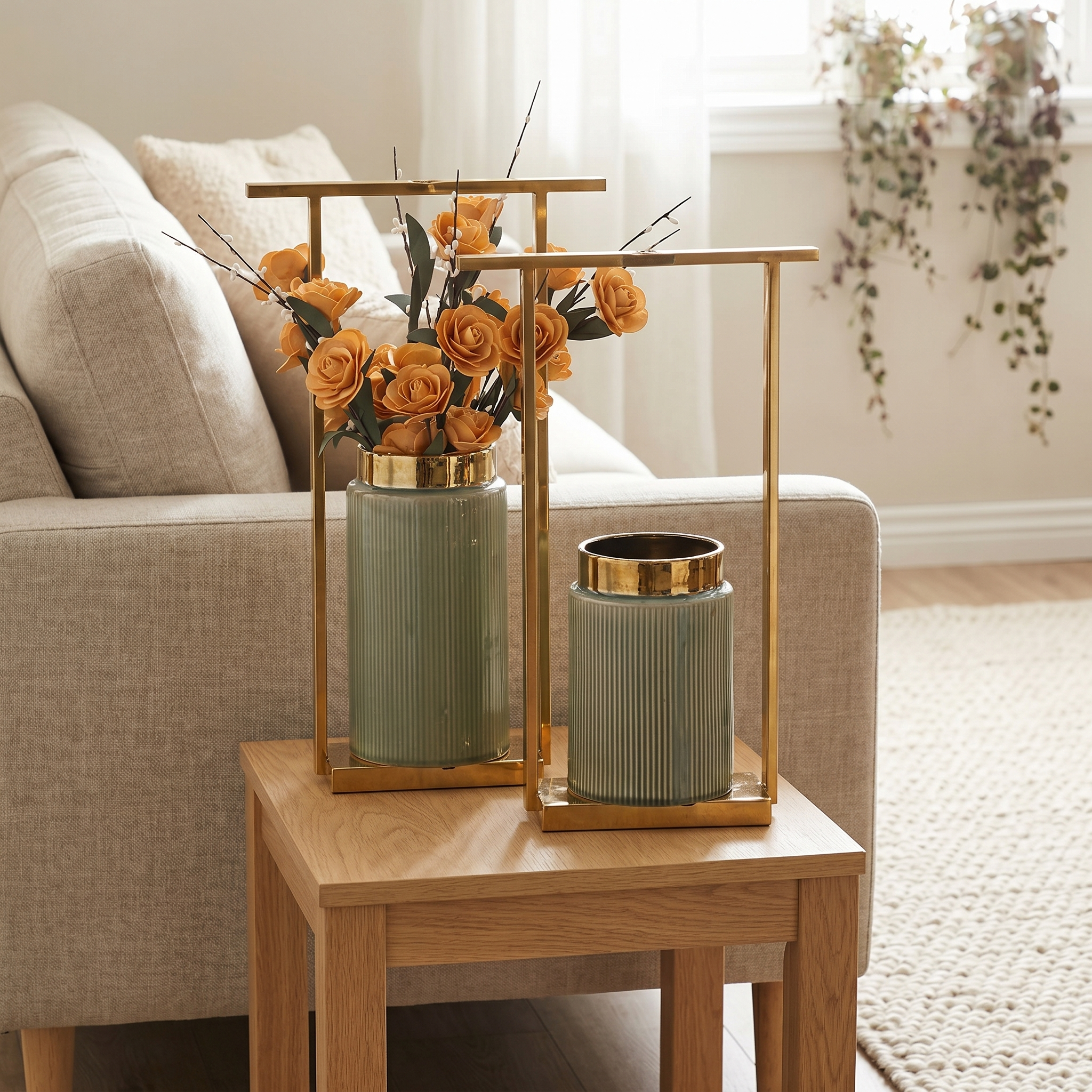 Sage Green Ribbed Ceramic Vase Set with Gold Rim & Metal Stands (Set of 2)