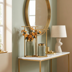 Sage Green Ribbed Ceramic Vase Set with Gold Rim & Metal Stands (Set of 2)
