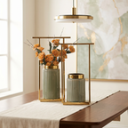 Sage Green Ribbed Ceramic Vase Set with Gold Rim & Metal Stands (Set of 2)