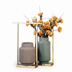 Grey & Green Ceramic Vase Set with Gold Metal Frame Stands (Set of 2)