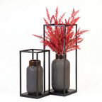 Grey Ceramic Vase with Black Metal Frame Stand (Set of 2)