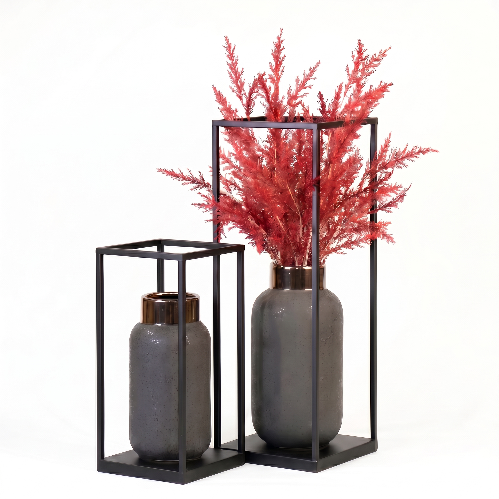 Grey Ceramic Vase with Black Metal Frame Stand (Set of 2)