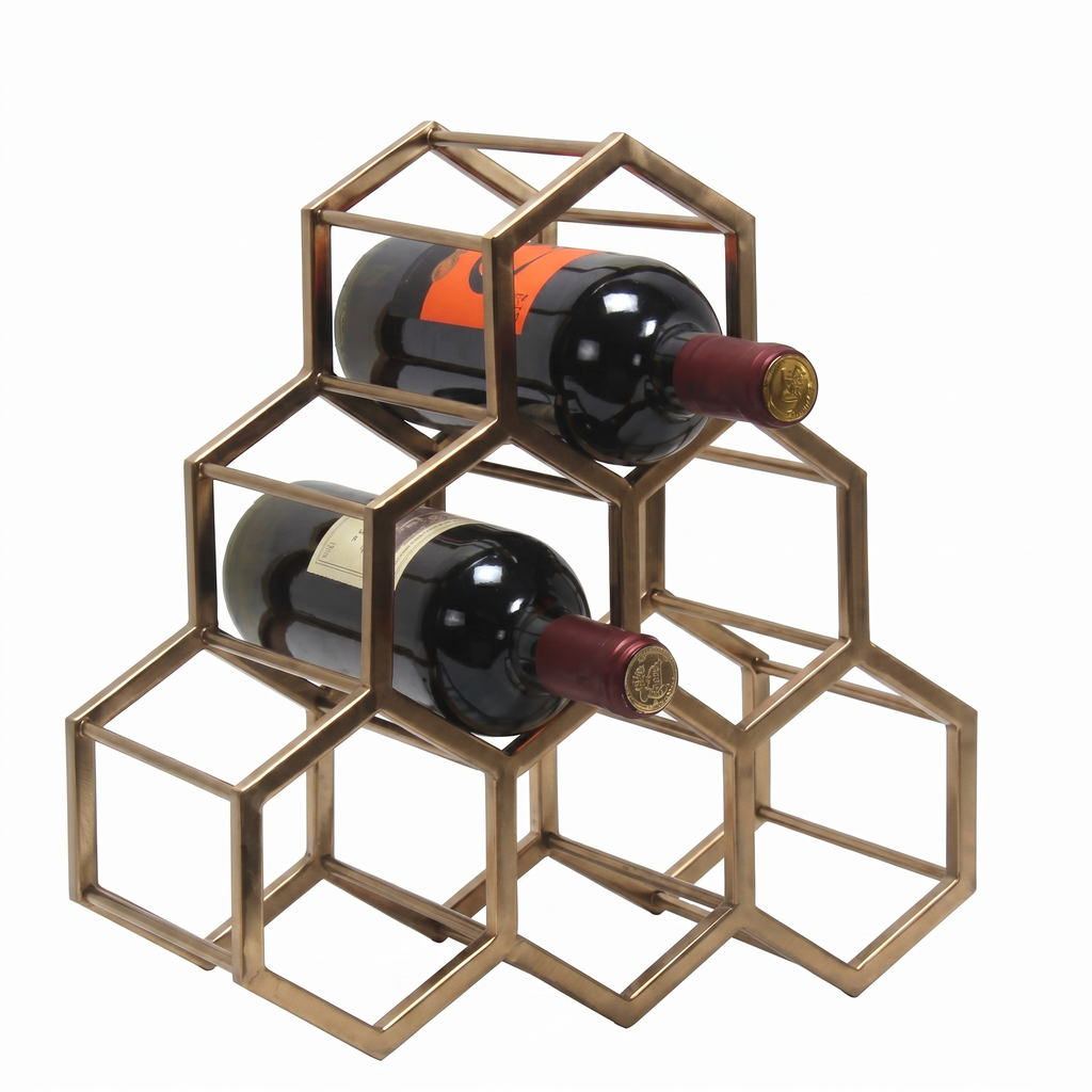 Gold geometric wine rack holding two bottles on a white background