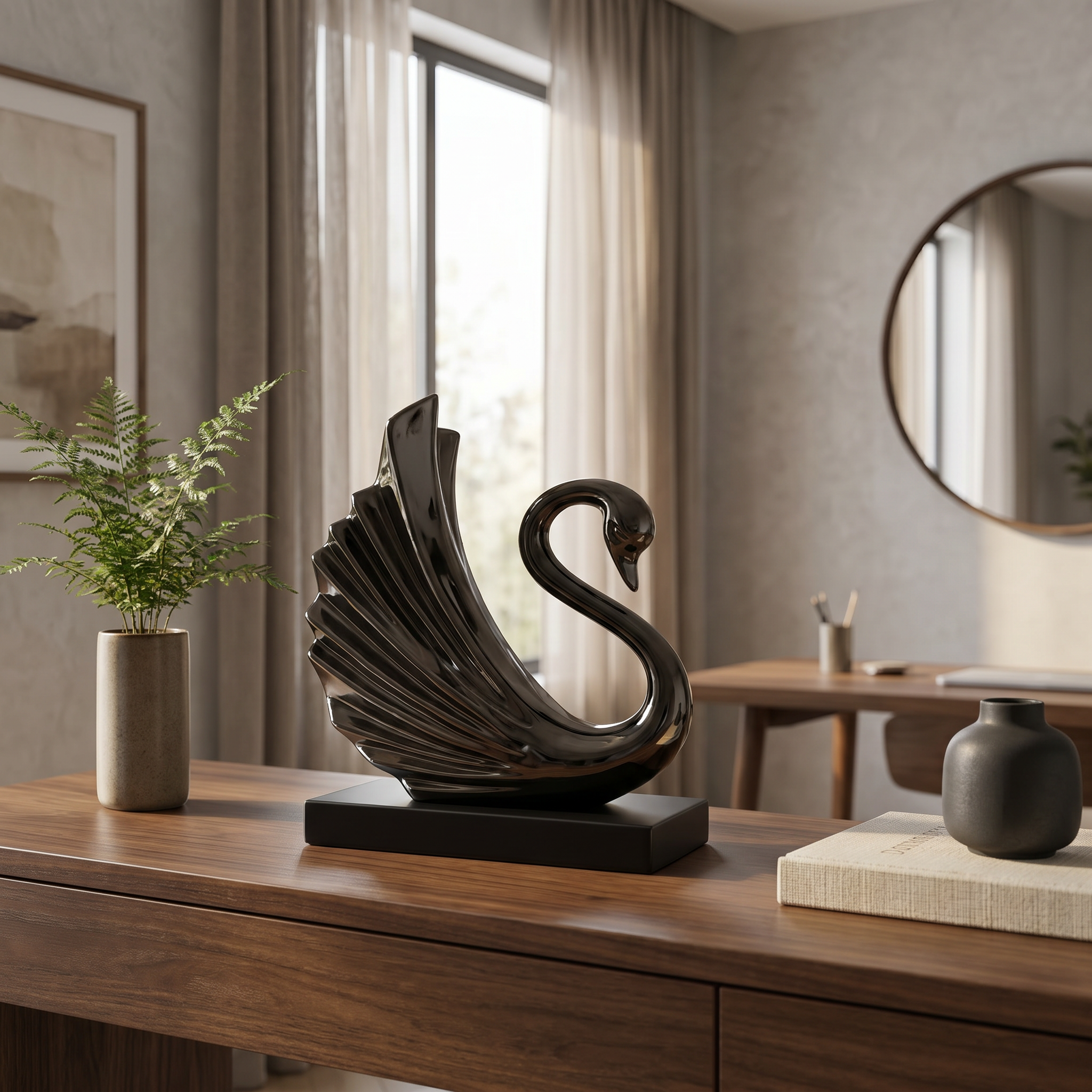 Glossy bronze swan sculpture for shelf, console table or mantel styling