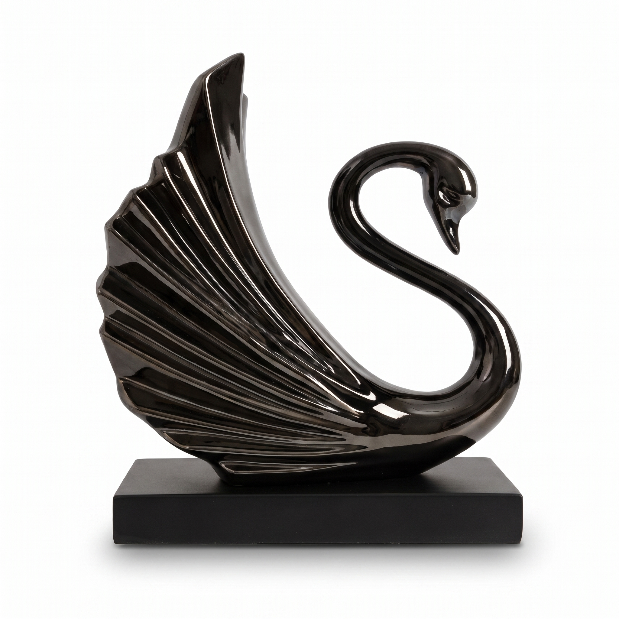 Glossy Bronze swan decorative piece with ribbed fanned wing and curved neck