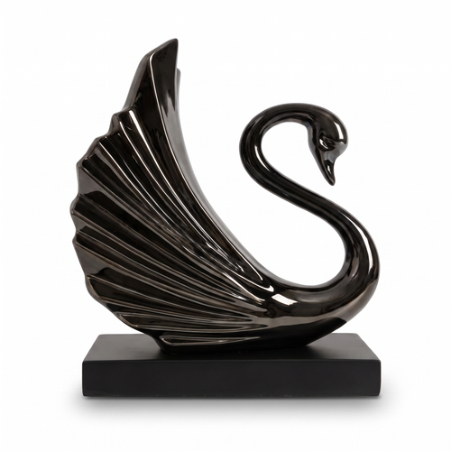 Glossy Bronze swan decorative piece with ribbed fanned wing and curved neck