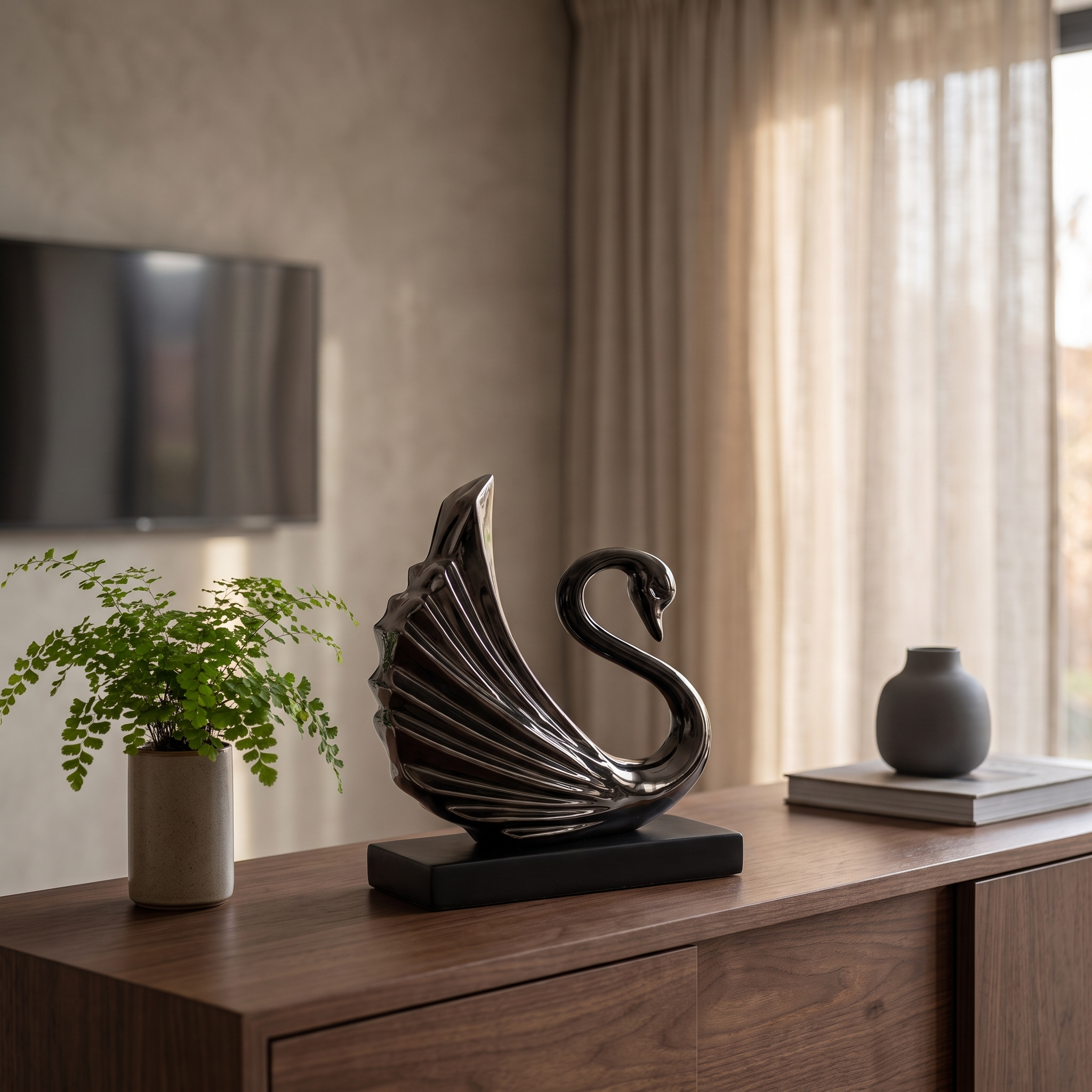 Bronze swan decorative figurine with fanned ribbed wing detail