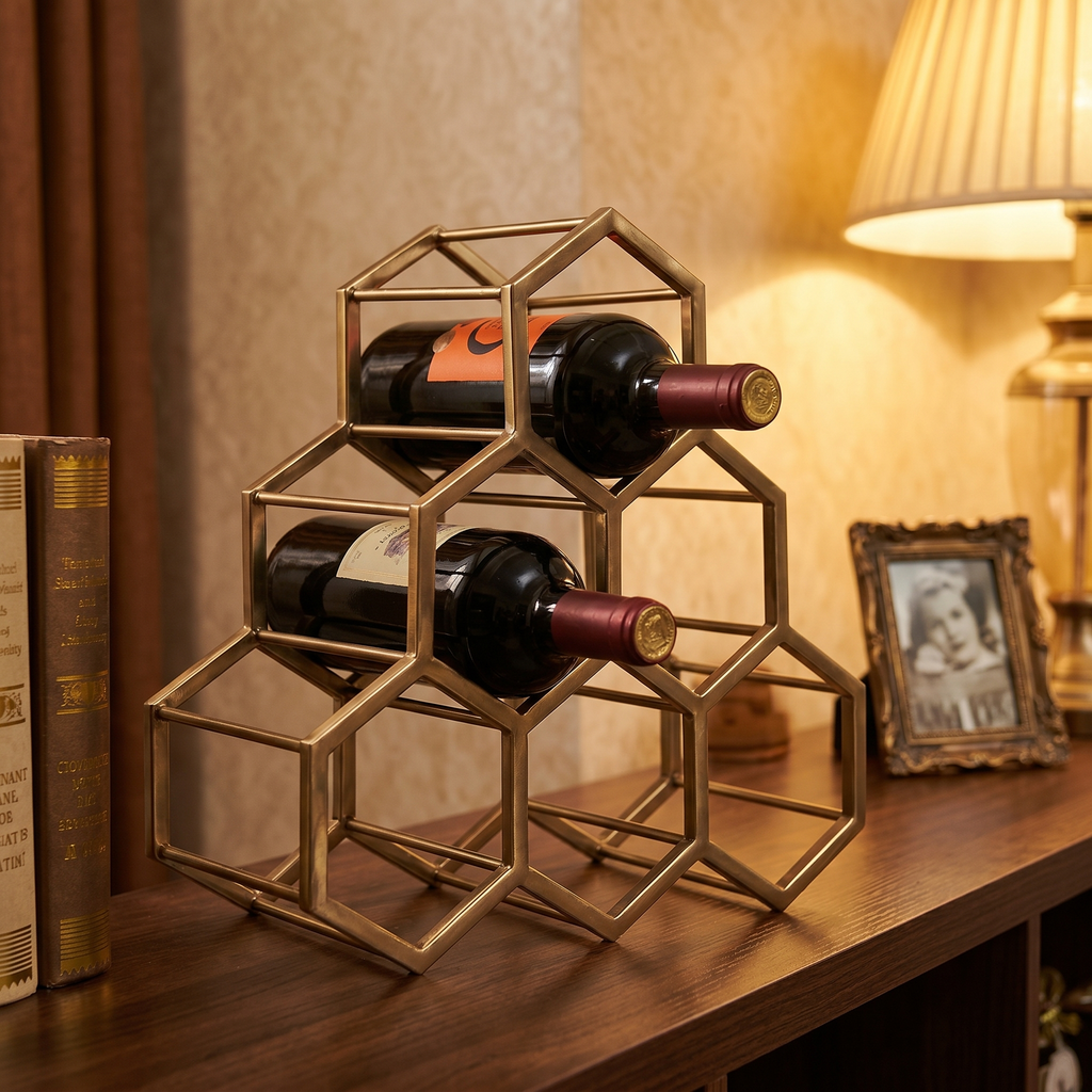 Geometric gold wine rack holding two bottles on a wooden surface with a warm background.