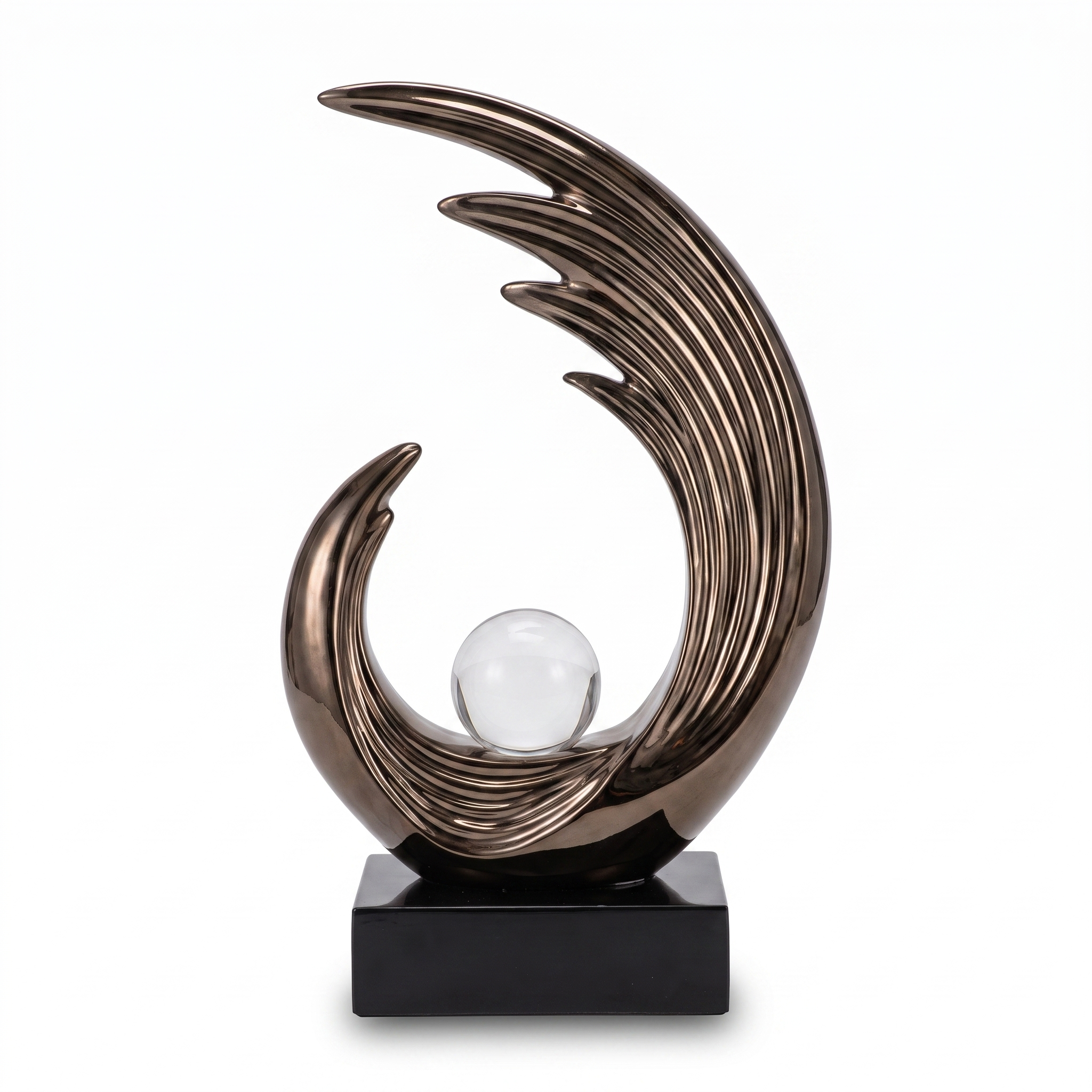 Bronze Wave Sculpture With Central Glass Orb Decorative Piece