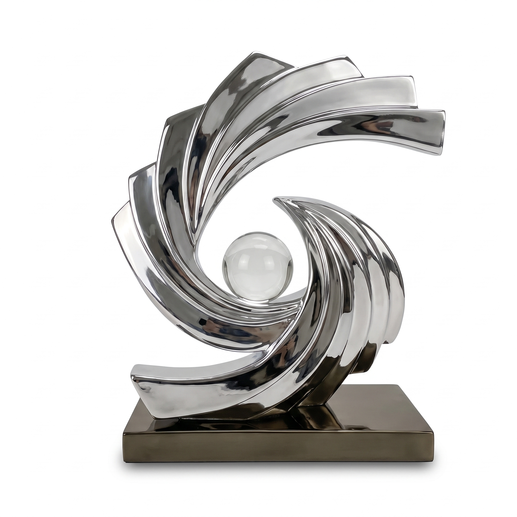 Silver Swirl Sculpture With Central Glass Orb Decorative Piece