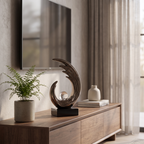 Bronze Wave Sculpture With Central Glass Orb Decorative Piece