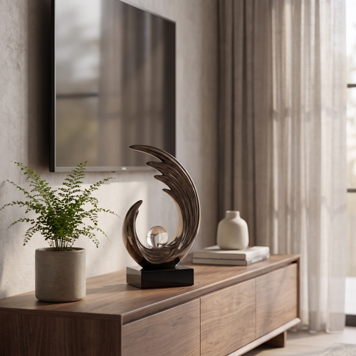Bronze Wave Sculpture With Central Glass Orb Decorative Piece