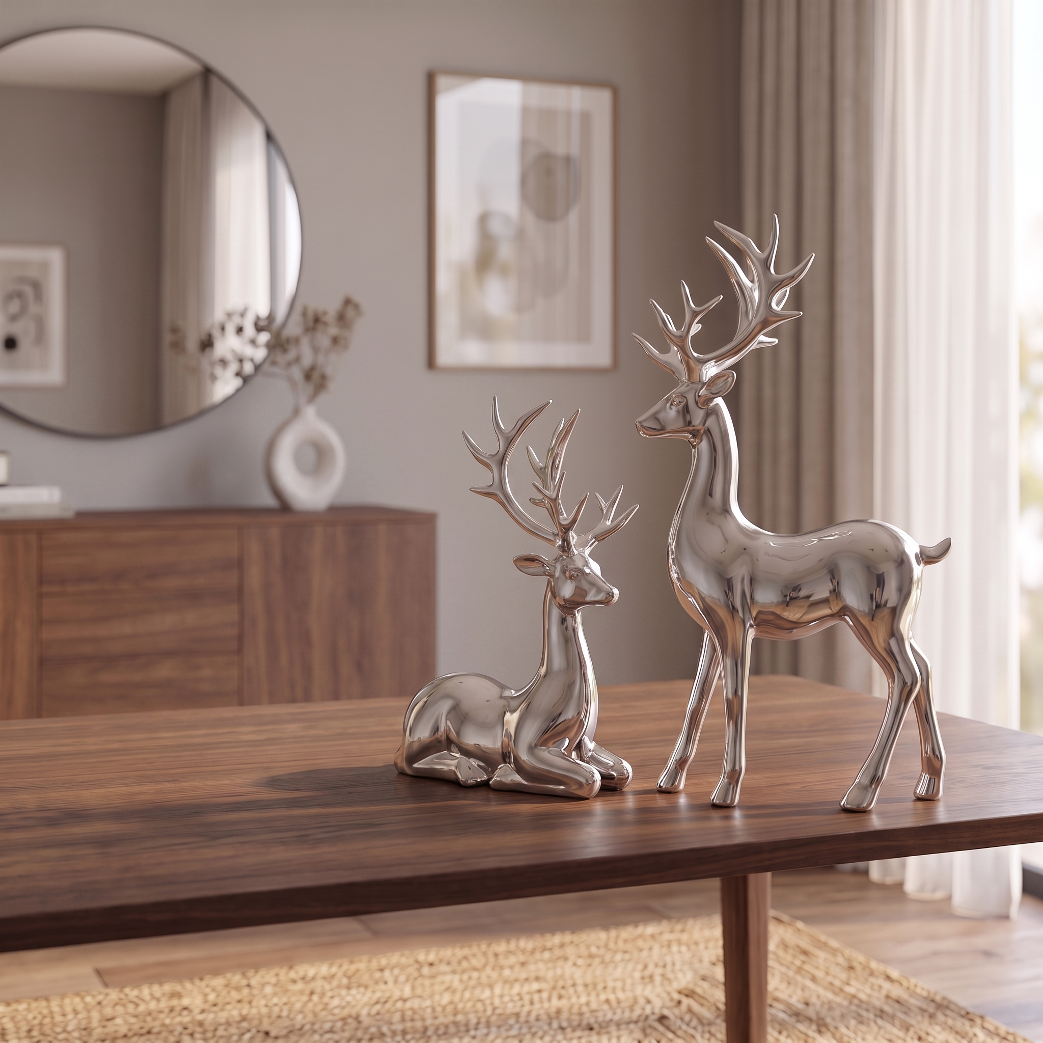 Silver Deer Statues Decorative Pieces