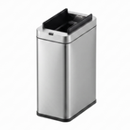 A modern rectangular stainless steel trash can with a black lid and black base trim, shown on a plain white background.