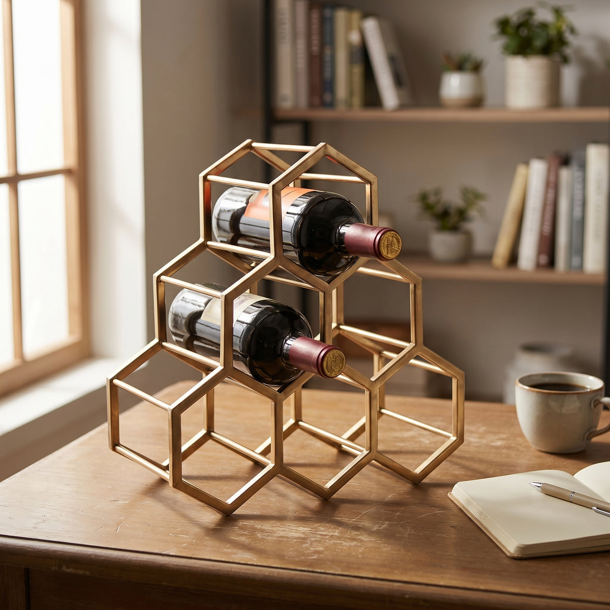 Gold honeycomb wine rack with two bottles on a wooden surface near a window.